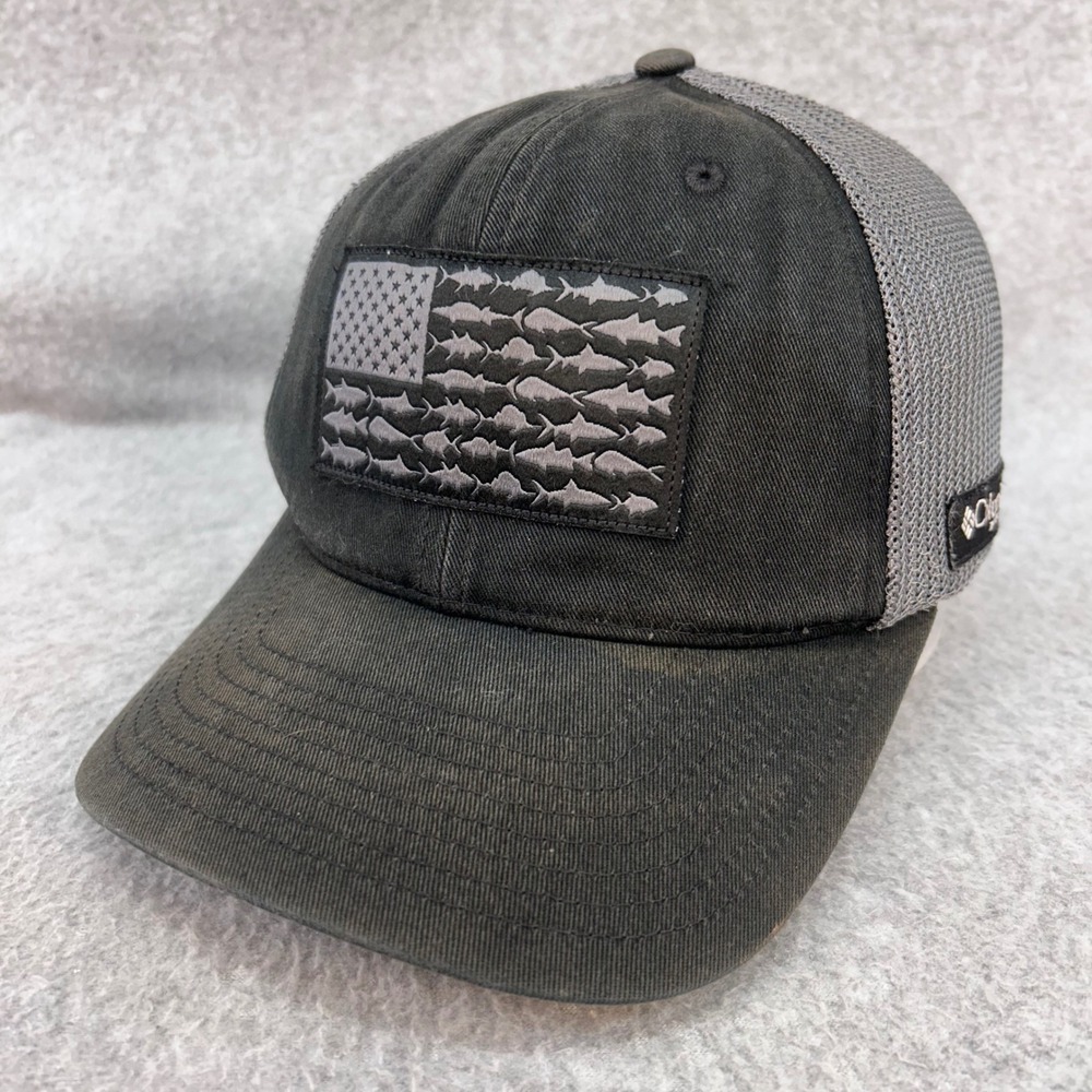 Columbia PFG Fish Flag Patch Mens Black Mesh Back Trucker Hat Flexfit S/M